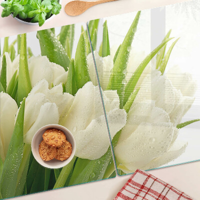 Snijplanken van glas Tulpen in waterdruppels