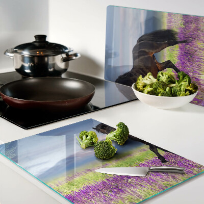 Snijplanken glas Een paard tegen een achtergrond van paarse bloemen