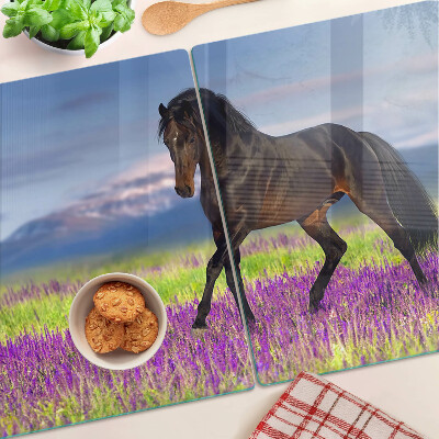 Szklana deska do krojenia Koń na tle fioletowych kwiatów