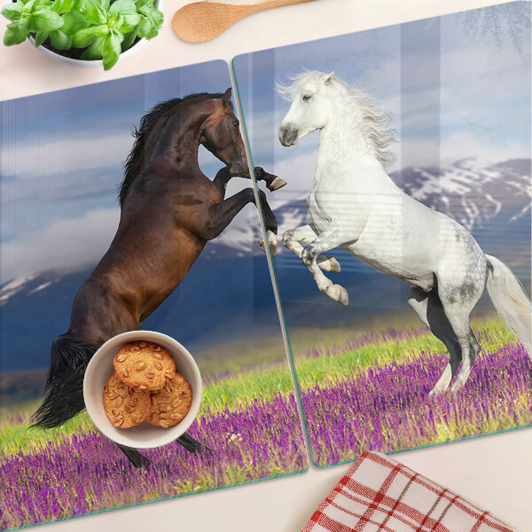 Szklana deska kuchenna Konie na tle gór i kwiatów