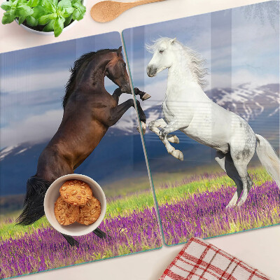 Szklana deska kuchenna Konie na tle gór i kwiatów