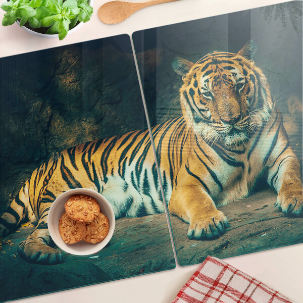 Szklana deska do krojenia Tygrys leżący na skałach