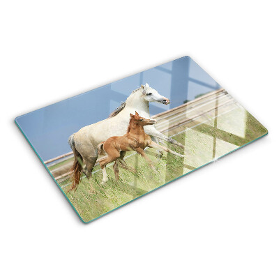 Glazen snijplanken Een paard met een veulen in een weiland.