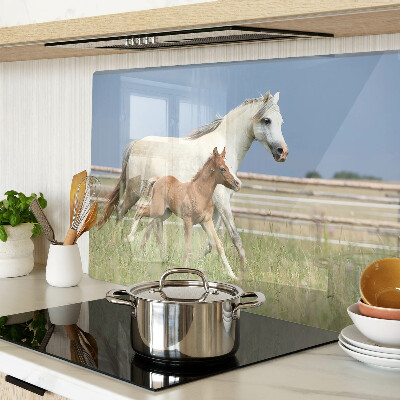 Glazen snijplanken Een paard met een veulen in een weiland.