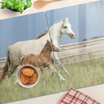 Glazen snijplanken Een paard met een veulen in een weiland.