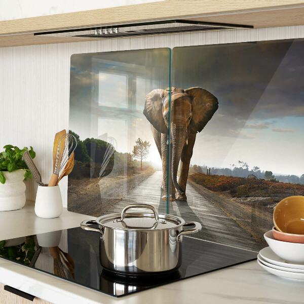 Glazen snijplanken Olifant op de weg bij zonsondergang