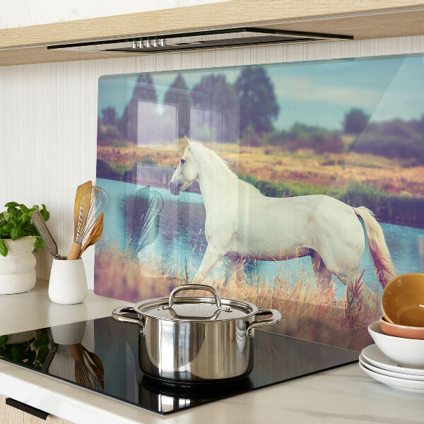 Snijplanken van glas Wit paard aan het water