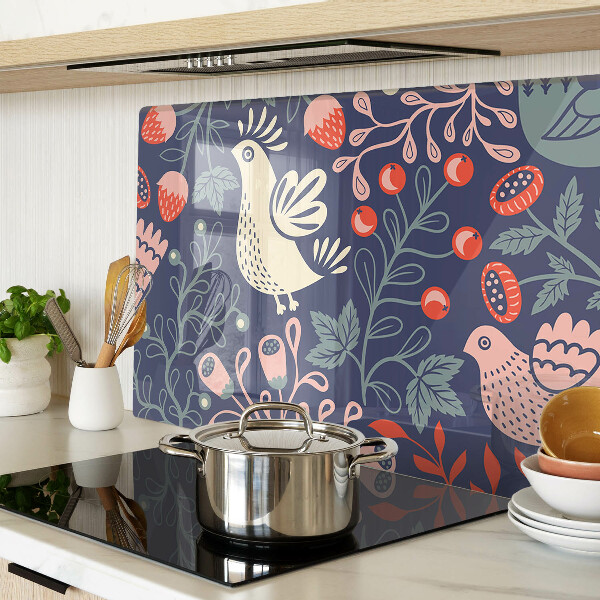 Szklana deska kuchenna Ptaki i owoce w stylu folkowym