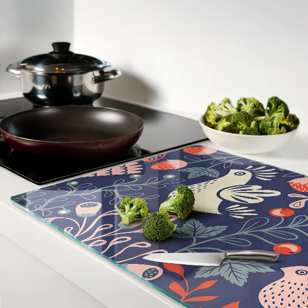 Szklana deska kuchenna Ptaki i owoce w stylu folkowym