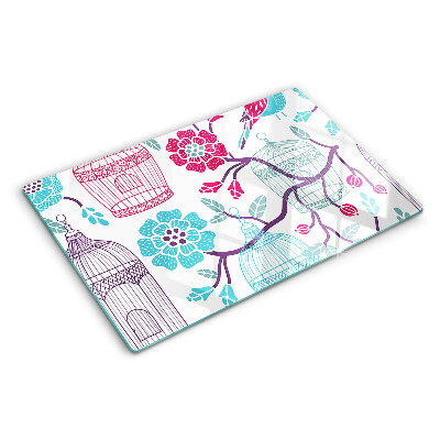 Deska kuchenna szklana Ptaki i klatki w kwiaty