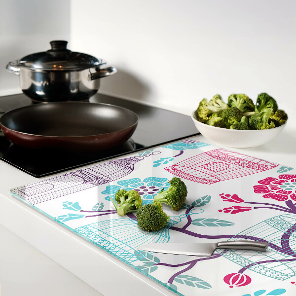 Deska kuchenna szklana Ptaki i klatki w kwiaty