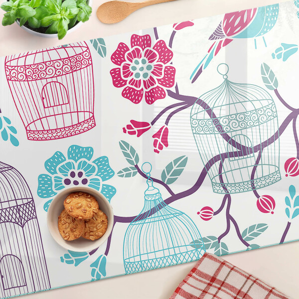 Deska kuchenna szklana Ptaki i klatki w kwiaty