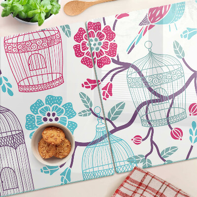Deska kuchenna szklana Ptaki i klatki w kwiaty