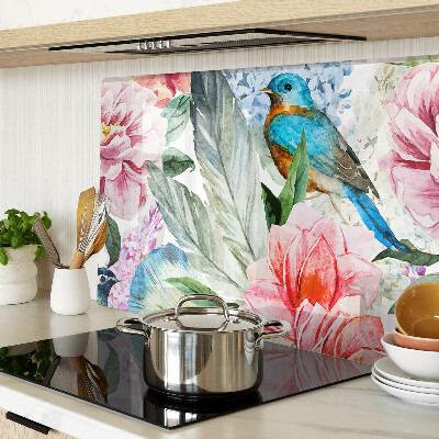 Deska kuchenna szklana Kwiaty i ptaki w akwareli