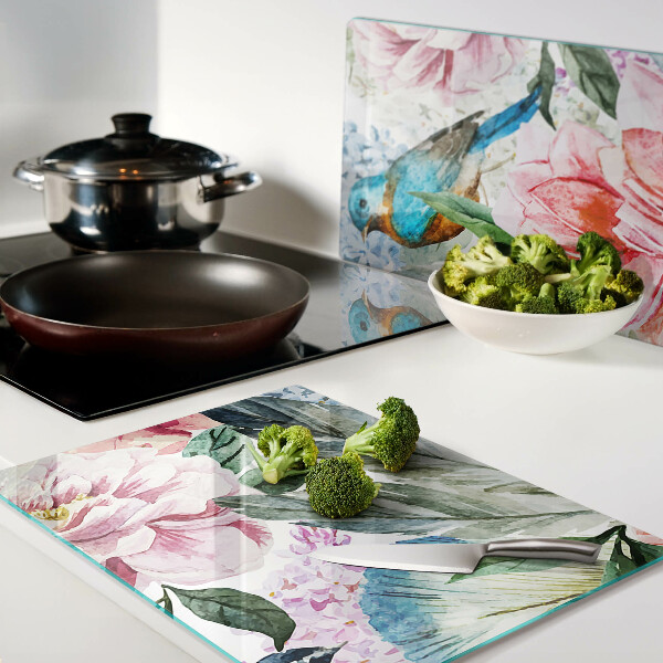 Snijplanken van glas Bloemen en vogels in aquarel