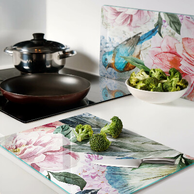 Snijplanken van glas Bloemen en vogels in aquarel