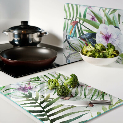 Szklana deska do krojenia Tropikalny motyw z ptakami i roślinami