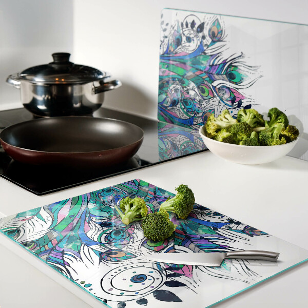 Glazen snijplanken Pauwenveren in groen en blauw