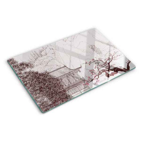 Szklana deska kuchenna Krajobraz górski z kwitnącymi drzewami