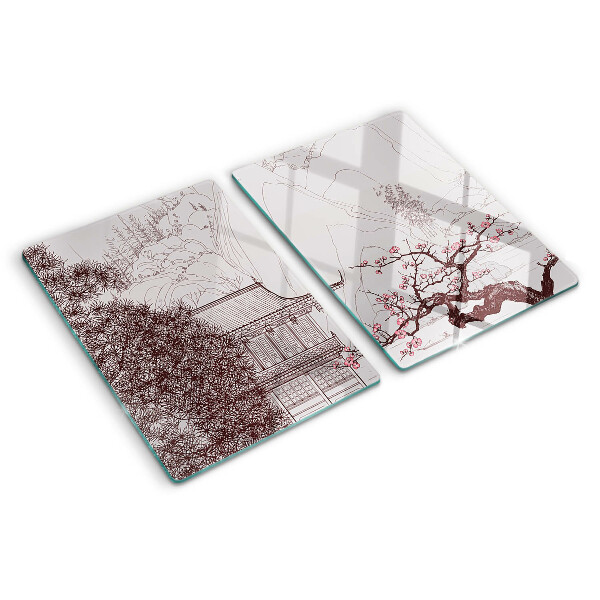 Szklana deska kuchenna Krajobraz górski z kwitnącymi drzewami
