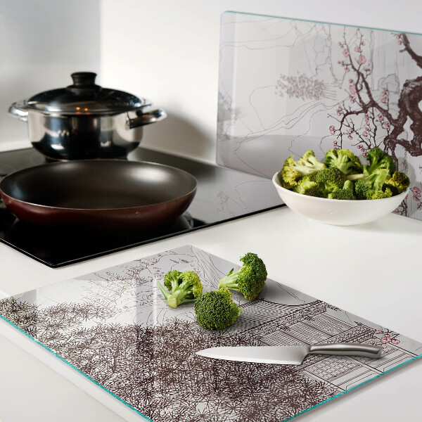 Szklana deska kuchenna Krajobraz górski z kwitnącymi drzewami