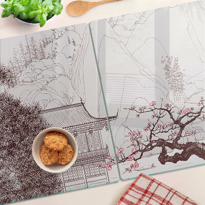 Szklana deska kuchenna Krajobraz górski z kwitnącymi drzewami