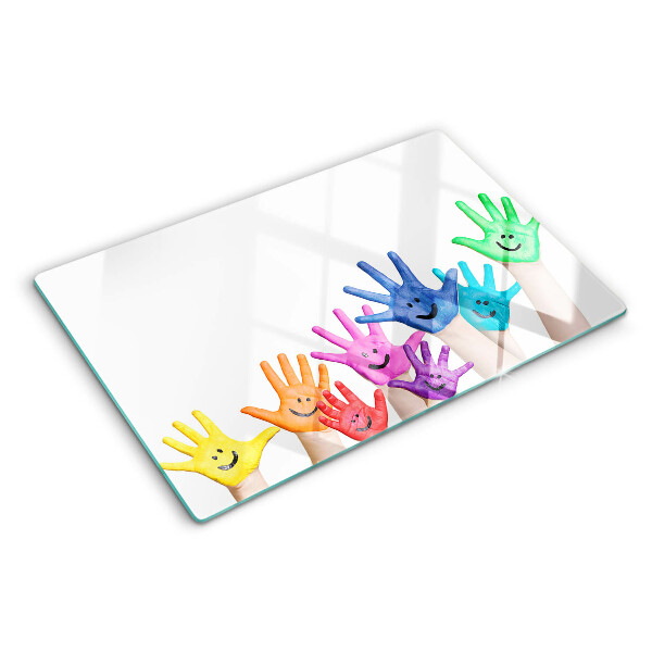 Snijplanken van glas Kleurrijke lachende handen