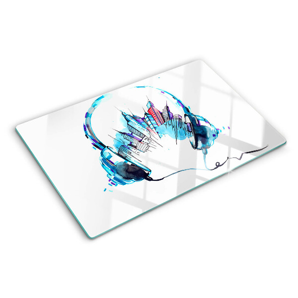 Deska kuchenna szklana Słuchawki z miejskim pejzażem