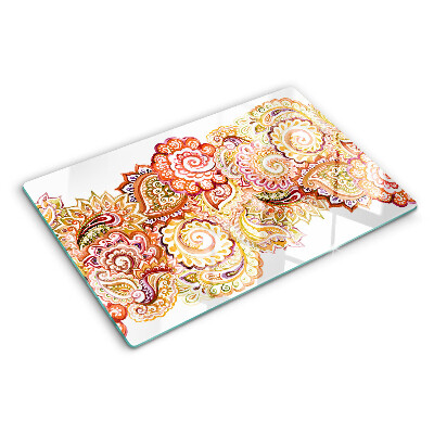 Paisley-motief in tinten rood en goud.