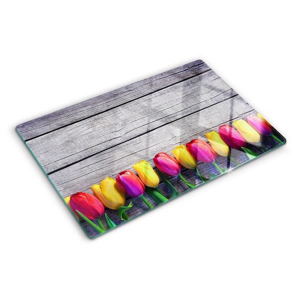 Deska kuchenna szklana Tulipany na tle drewnianym