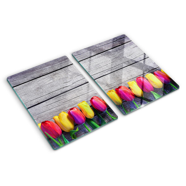 Deska kuchenna szklana Tulipany na tle drewnianym