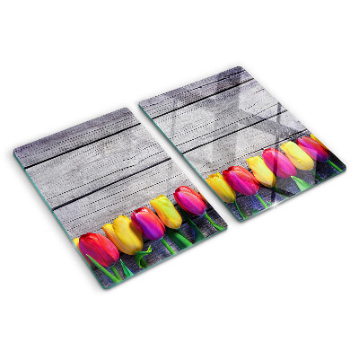 Deska kuchenna szklana Tulipany na tle drewnianym