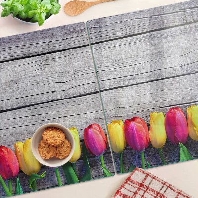 Deska kuchenna szklana Tulipany na tle drewnianym
