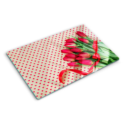 Snijplanken glas Tulpen met hartjes en lint.