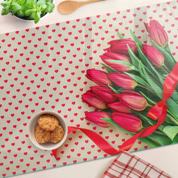 Snijplanken glas Tulpen met hartjes en lint.