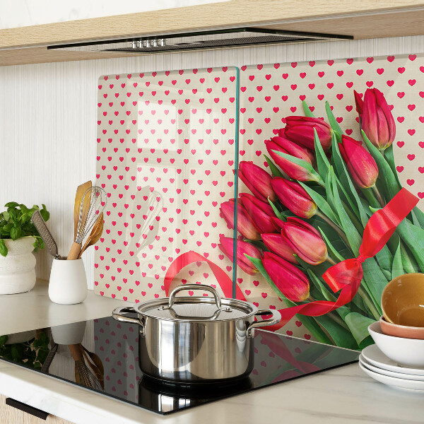 Snijplanken glas Tulpen met hartjes en lint.
