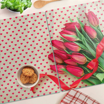 Szklana deska kuchenna Tulipany z serduszkami i wstążką