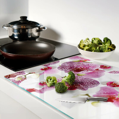 Snijplanken van glas Orchideeën op de achtergrond van het raam.