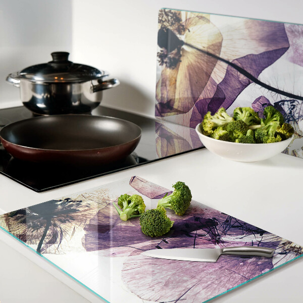 Glazen snijplanken Bloemen in paarse en gele tinten.