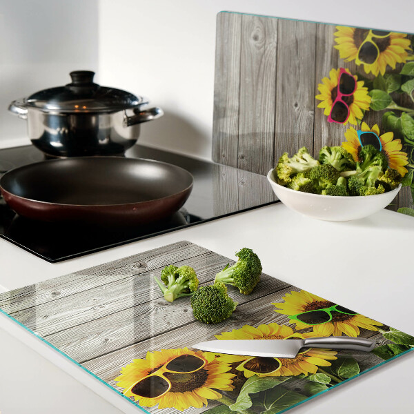 Snijplanken van glas Zonnebloemen met zonnebrillen