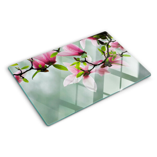Snijplanken glas Magnoliabloemen tegen een achtergrond van groen.