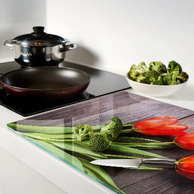 Szklana deska kuchenna Tulipany na drewnianym tle