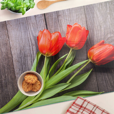 Szklana deska kuchenna Tulipany na drewnianym tle