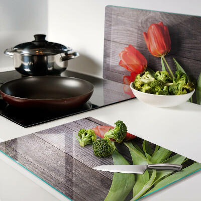 Szklana deska kuchenna Tulipany na drewnianym tle