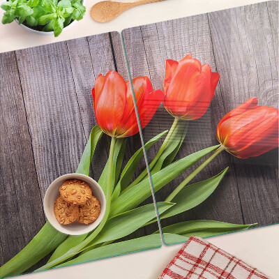 Szklana deska kuchenna Tulipany na drewnianym tle