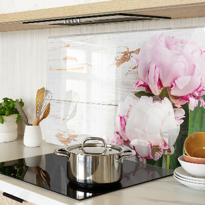 Deska kuchenna szklana Kwiaty piwonii na tle drewna