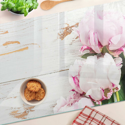 Deska kuchenna szklana Kwiaty piwonii na tle drewna