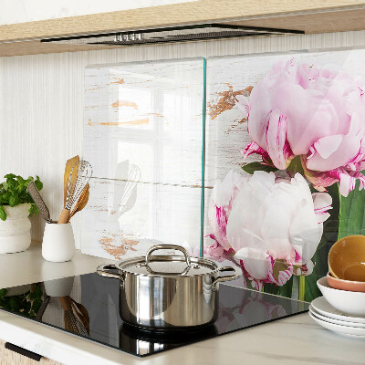 Deska kuchenna szklana Kwiaty piwonii na tle drewna