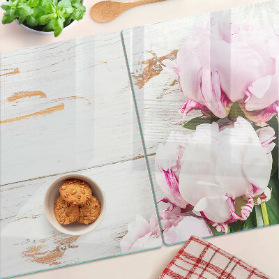 Deska kuchenna szklana Kwiaty piwonii na tle drewna