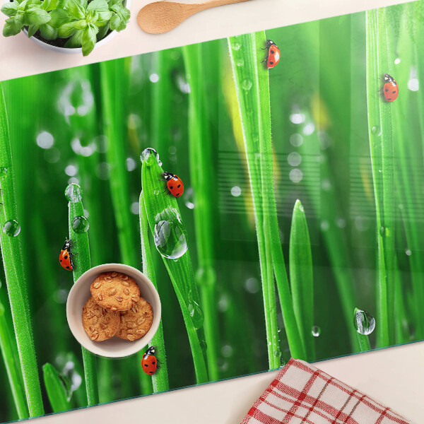 Szklana deska do krojenia Krople wody na trawie z biedronkami